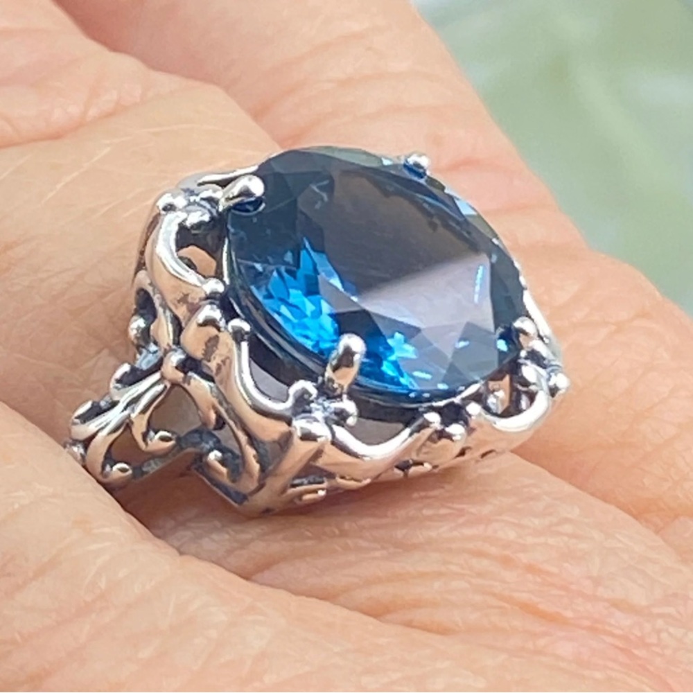 London Blue Topaz Ring 7ct Round Cut Natural Topaz Victorian Ornate Filigree - Picture 8 of 10